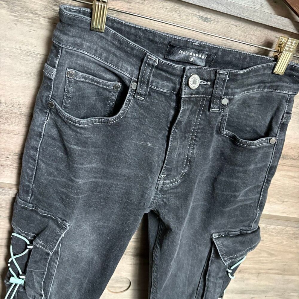 Serenede 28 Black Cargo Skinny Jeans Turquoise Patches Bungees Sporty Edgy Punk - Picture 3 of 14